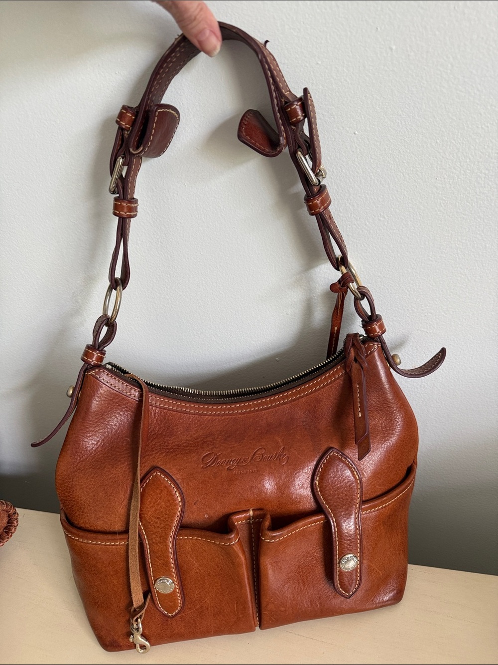 Dooney & Bourke Cognac Leather Shoulder Bag with Front Pockets